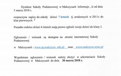 Rekrutacja do Szkoły Podstawowej w Malczycach!