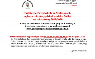 Rekrutacja do publicznego przedszkola w Malczycach