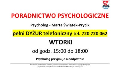 Psycholog i Terapeuta pełnią dyżury telefoniczne