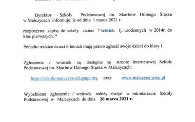 Zapisy do Szkoły Podstawowej im. Skarbów Dolnego Śląska w Malczycach