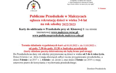 Rekrutacja do Publicznego Przedszkola w Malczycach