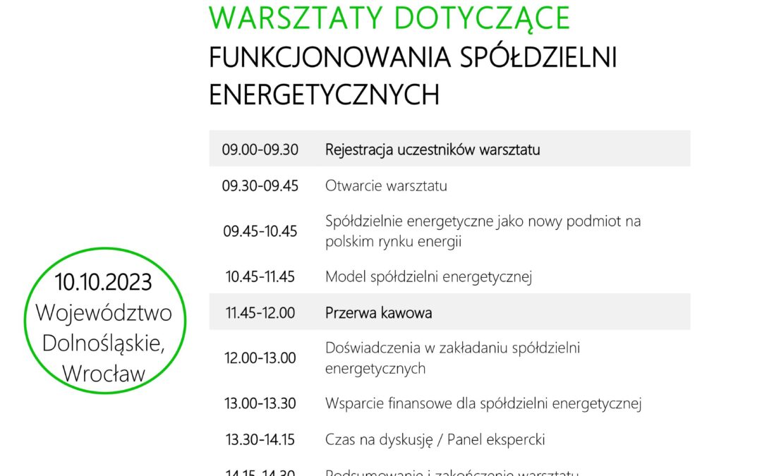 Bezpłatne warsztaty dotyczące funkcjonowania spółdzielni energetycznych